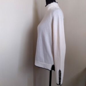 Only Mine 100% 2Ply Cashmere Funnel Neck Sweater Ivory Black Stitch Trim Small